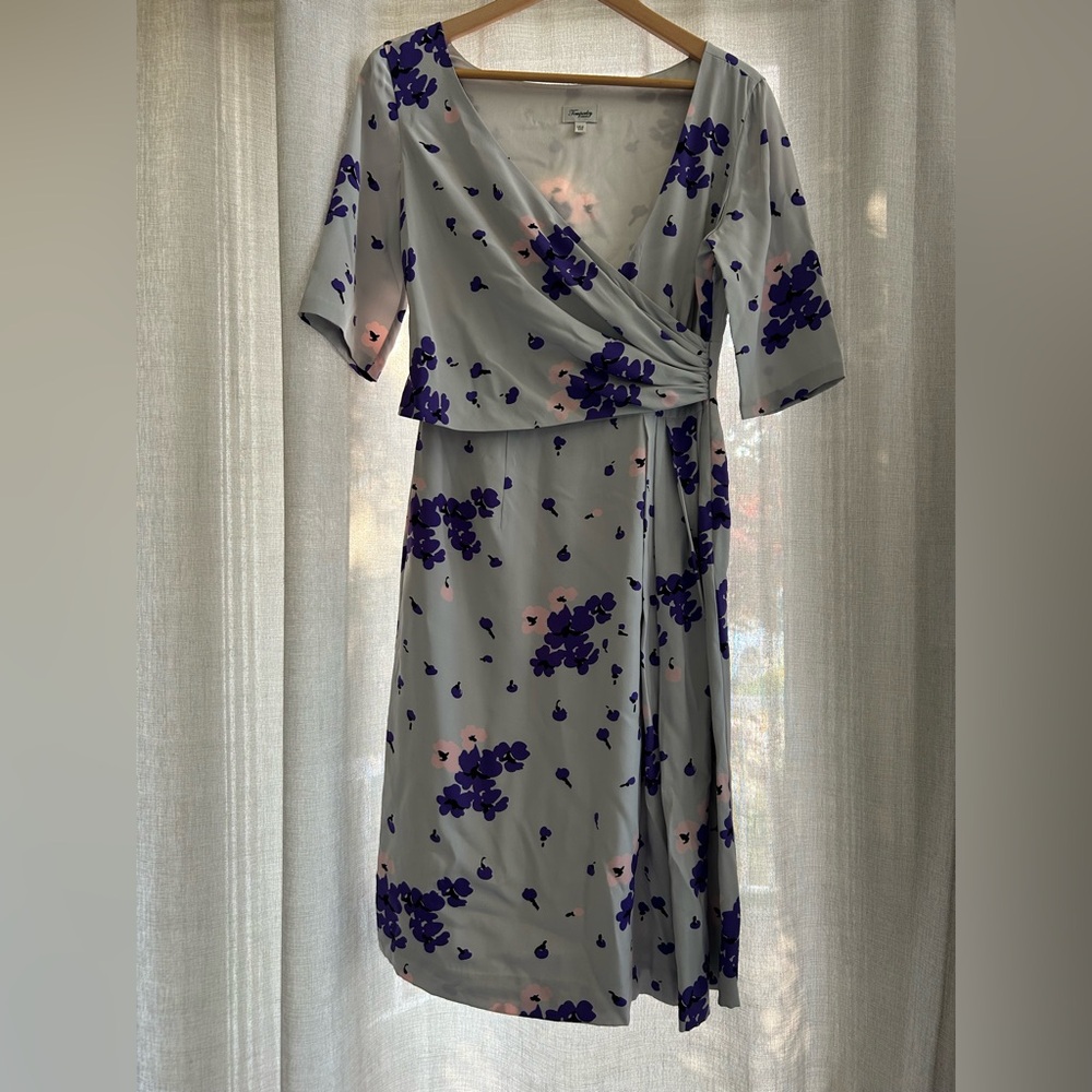 Temperley London Purple and Blue Wrap Dress Short Sleeve Plunge Midi